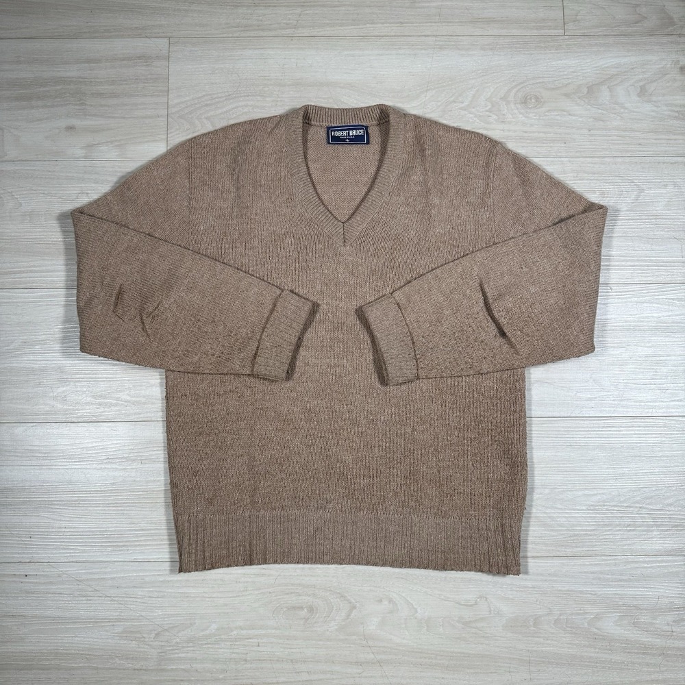 ROBERT BRUCE wool v neck Beige sweater LARGE tag vtg 70s 80s usa union made prep